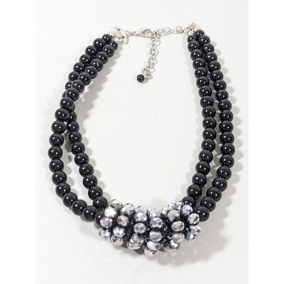 Black Gray Faceted Bead Statement Necklace Double Strand Silver Tone 20" - Picture 3 of 5